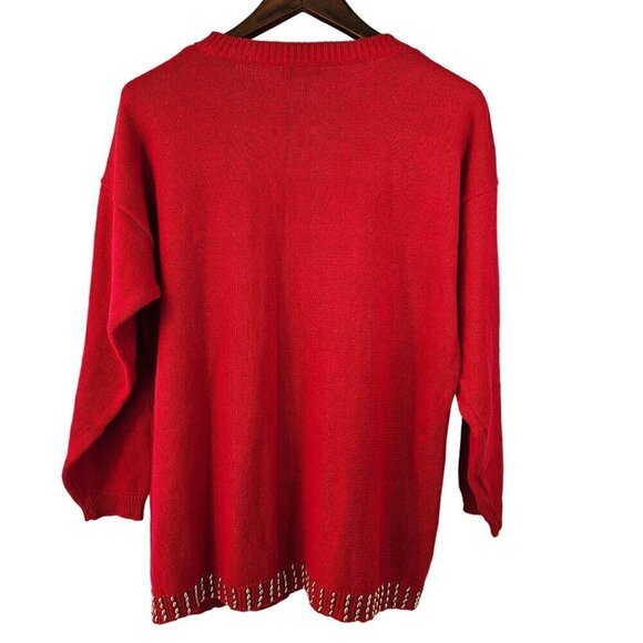 Victoria Jones Red Crewneck Sweater Womens L Gold Beading Cotton Knit 80s - Picture 2 of 9
